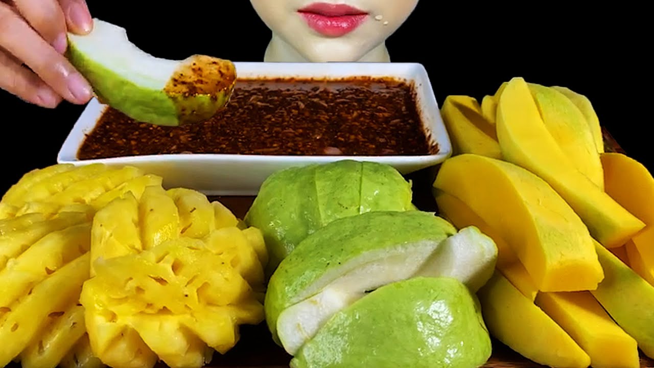 ASMR Eating Fruits||Pineapple, Mango, Green Guava & Spicy Sauce