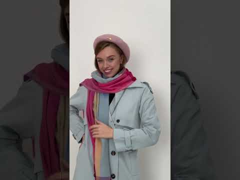Кашеміровий палантин шарф у клітину із бахромою PASHMINA малиново-блакитний, видео 1