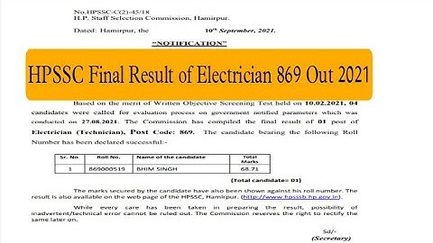 FINAL RESULT OF HPSSC ELECTRICIAN ( TECHNICIAN ) 869 OUT 2021 || Total Posts || HIMUDA Shimla || #hp