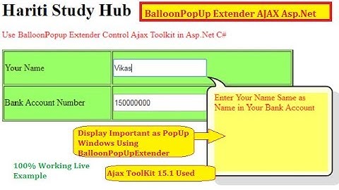 BalloonPopUpExtender Control with Ajax ToolKit in Asp.Net C# | Hindi | Free Online Learning Class