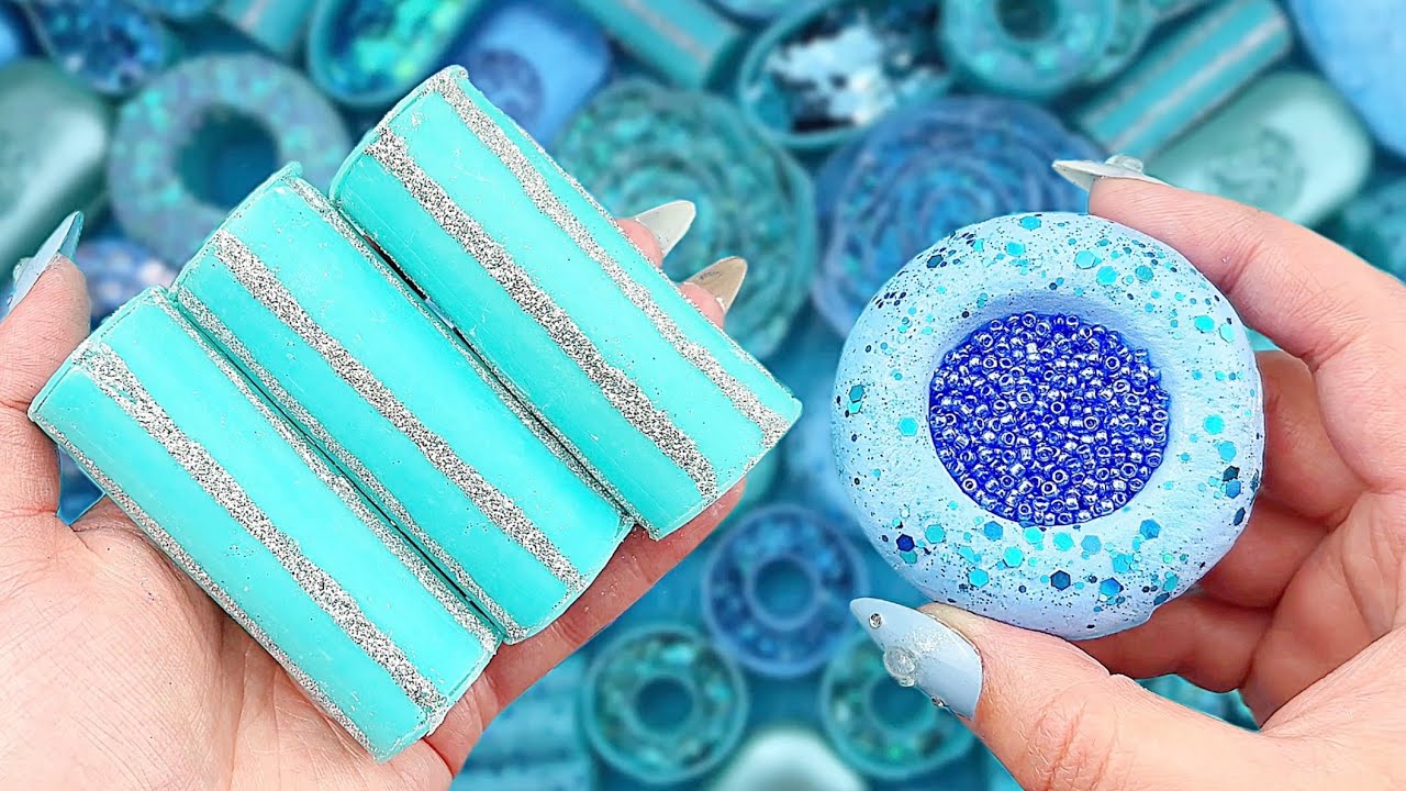 ODDLY SATISFYING ASMR VIDEO CRUSHING FOAM SOAP GLITTER BOXES with starch clay cracking 바삭한  소리 예술