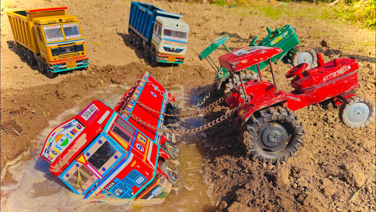 Triple Tata Dumper Truck Accident Muddy Pulling Out Swaraj Tractor John Deere Tractor 