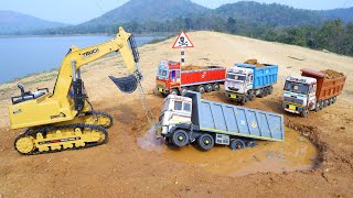 Dump Truck Accident Highway Pulling Out Jcb 5Cx ? Hyva Truck | Tata Tipper | Cartoon Jcb | Cs Toy