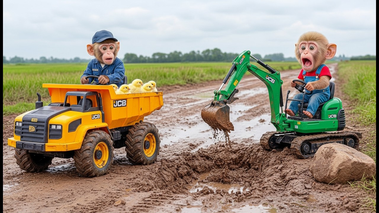 Cute baby monkeys driving excavator and dump truck with ducklings