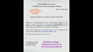 Shrirampur College -- Admission Notice for UG course (Session 2026-27)