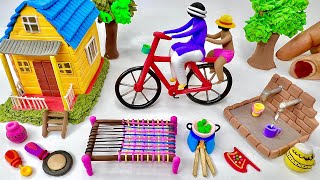 DIY How to make polymer clay miniature House, Kitchen set, Milkman on Cycle, Hand pump | village 