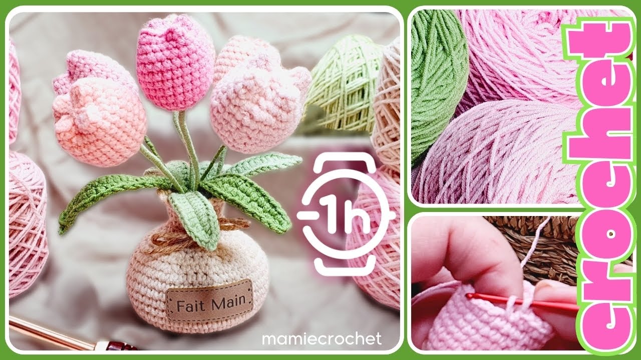 🌺 MAGNIFIQUES TULIPES ET FEUILLAGE EN MOINS D'UNE HEURE  + VASE EN BARRE D'INFOS 🌺@MamieCrochet