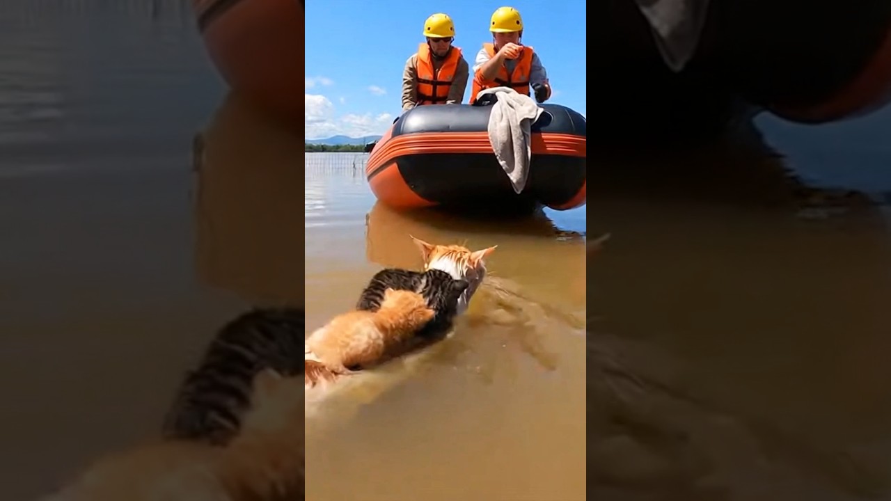 Mother cat carries her kittens to save them from the flood #cat #kitten