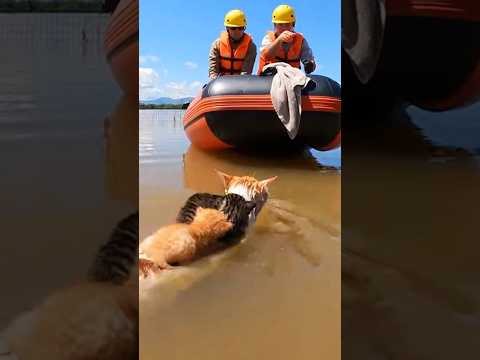 Mother cat carries her kittens to save them from the flood #cat #kitten