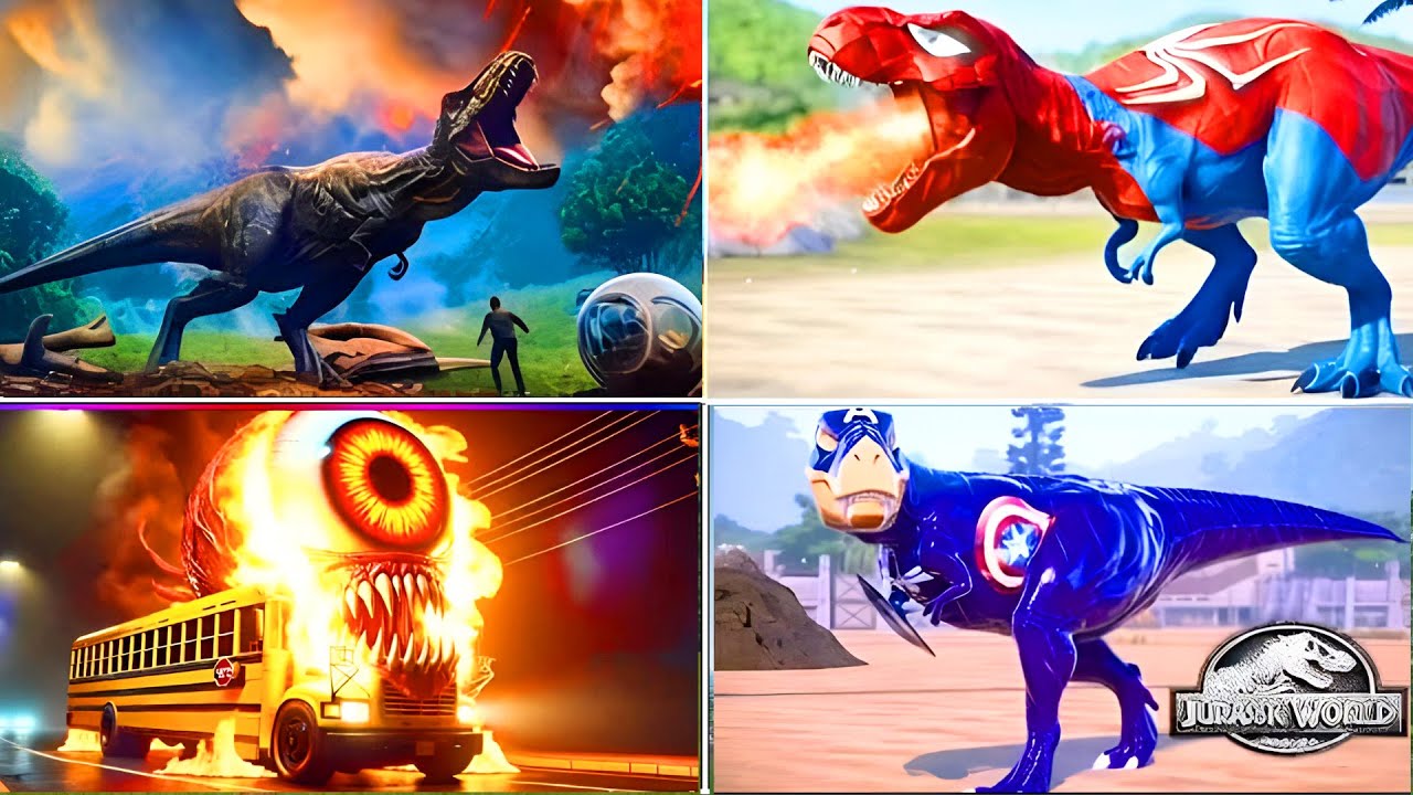Jurassicworld Spinosaurus 🆚T rex Spider 🆚Scool Bus Eater 🆚T rex Capten Amerika Coffindance 