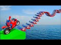 🦸🦈سبايدر مان اصعب دراجة نارية فوق اسماك القرش - Superheroes Ride on Motorcycle Stunts Funny😜 Moments