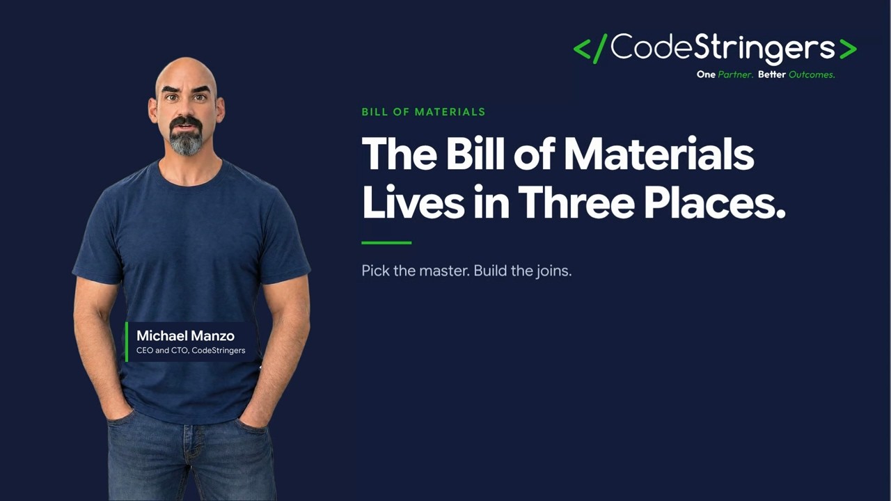 Title card: The Bill of Materials Lives in Three Places: Pick the Master, Build Two Joins, with the presenter on screen