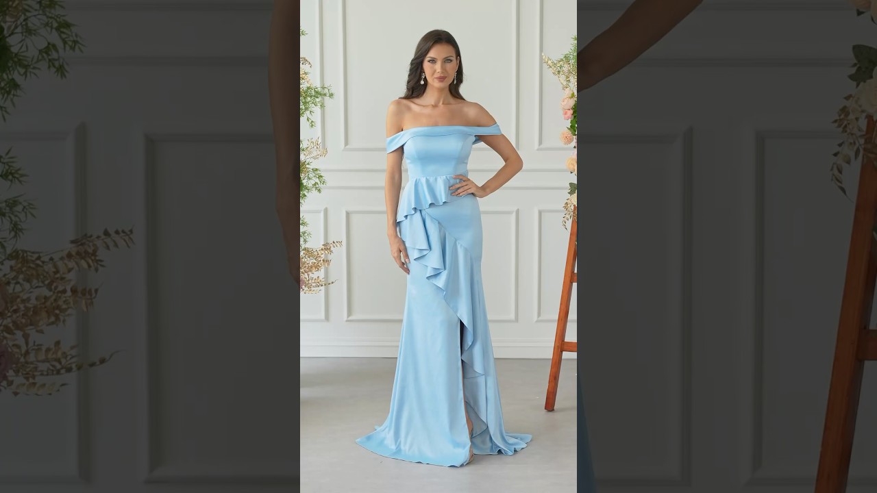 LAVELIYA Sheath Off-the-Shoulder Ruffles Floor-Length Charmeuse Bridesmaid Dress
