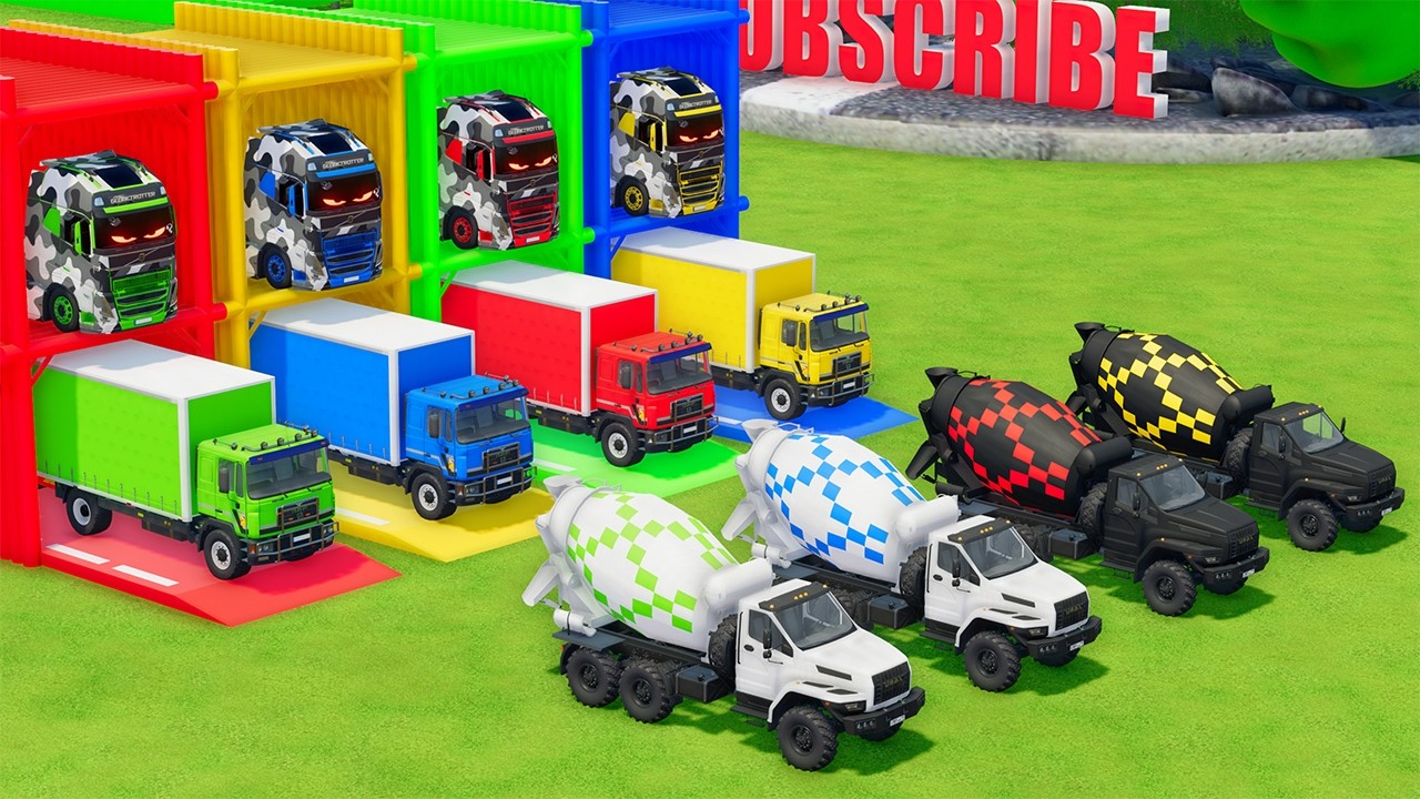 Garage with Colors - ALL MIXER TRUCK WITH DOUBLE FLATBED TRAILER TRUCK, VOLVO, MAN, URAL - FS22