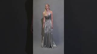 Pleated Long V Neck Metallic Dress By Juliet 226 Charcoal