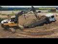 Heavy Dump Truck Stuck In Deep Hole & Recovery By Excavator, Bulldozer ឡានដឹកដីធ្ងន់ជាប់ផុងជ្រៅ