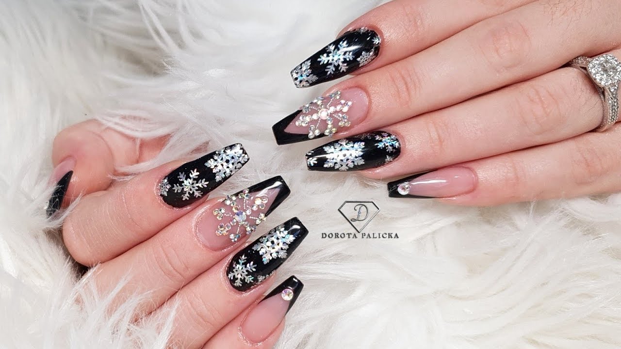 Black nails with snowflakes. Winter nails trends 2022. Winter Nails. -  YouTube