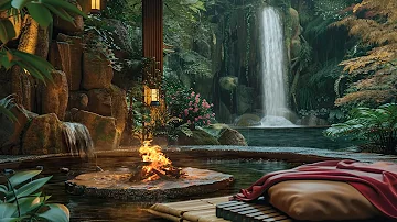 Zen Garden On Rainy Day🍃Serenity with Warm Bonfire, Stream and Waterfall - Meditation, Relaxation