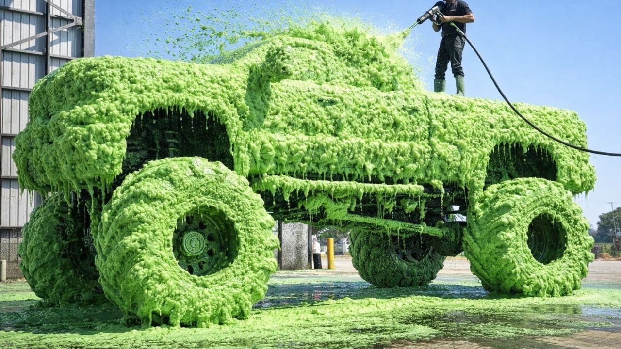 Washing a Monster Pickup Truck Completely Buried in Green Foam — Insanely Satisfying!
