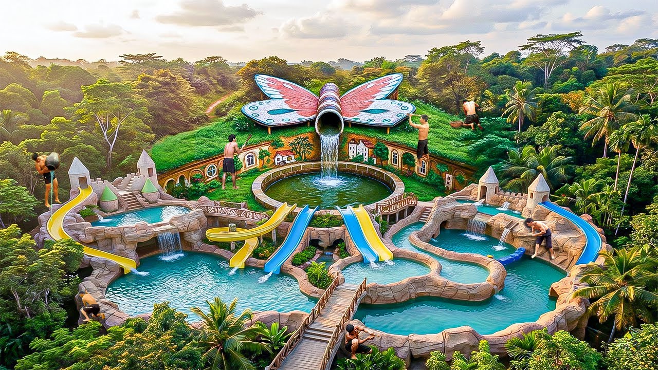200 Days Building Giant Butterfly Water Castle with Twin Water Slides and Pools Using Primitive Tool