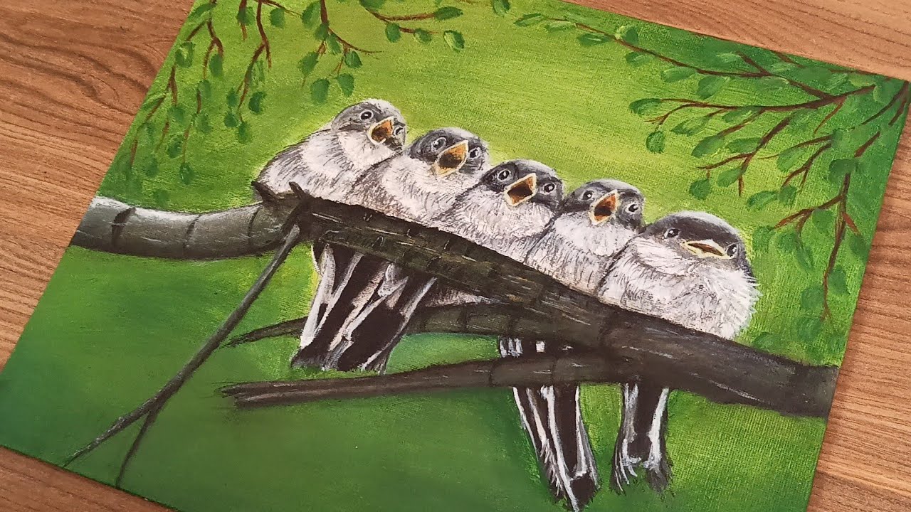 Cute baby bird's acrilic painting | beautiful birds painting step by step