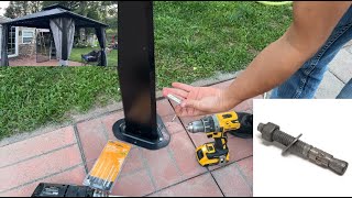 Metal Hardtop Gazebo Assembly Part 3 | How To Secure Post To Base | Concrete Anchors To Patio Stone