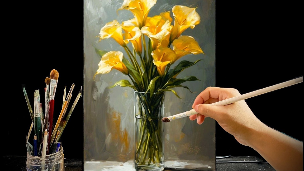 🎨 Painting Bright Yellow Calla Lilies in a Glass Vase | Relaxing Acrylic Flower Art | #128
