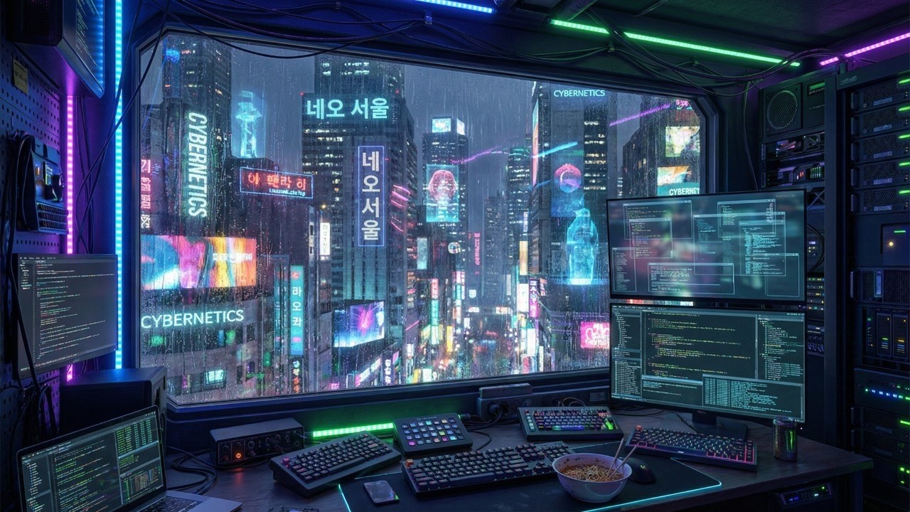 Cyberpunk Hacker Room in the Rain 🌧 Neon City Coding Ambience (10 Hours)