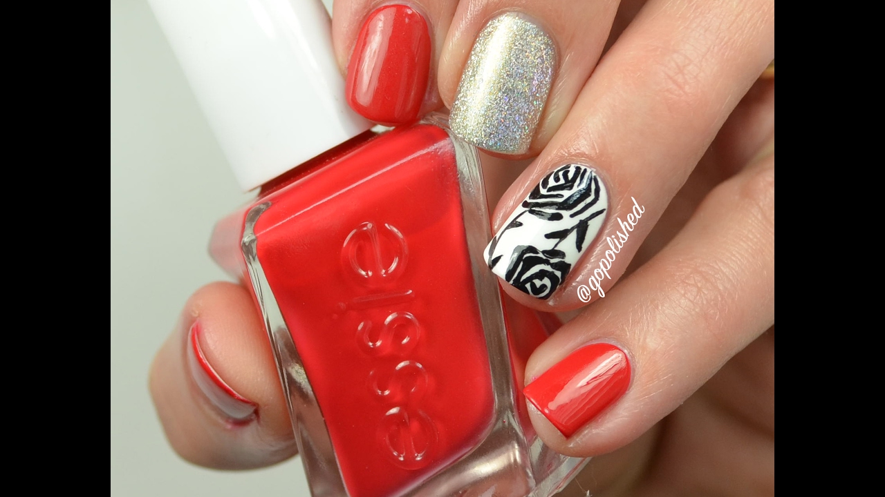 Nail Tutorial: Red, Black and White Rose Design