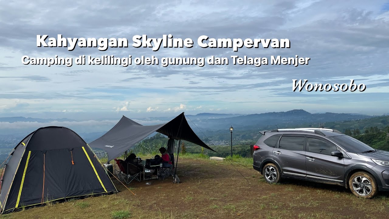 camping bersama anak di Kahyangan Skyline Campervan dikelilingi gunung dan view telaga menjer