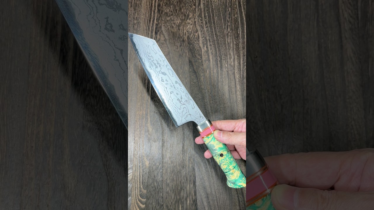 Daisuke Nishida Shirogami #1 Damascus Bunka Knife Lignt-Green Stabilized Maple Resin Handle & X-Grip