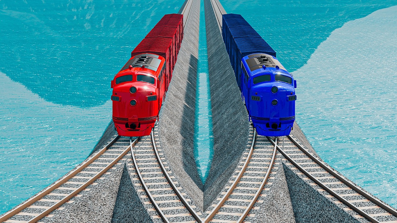 Double Colorful Trains Vs Double Y Impossible Weird Rails Tracks Crossing Deepwater | BeamNG.drive
