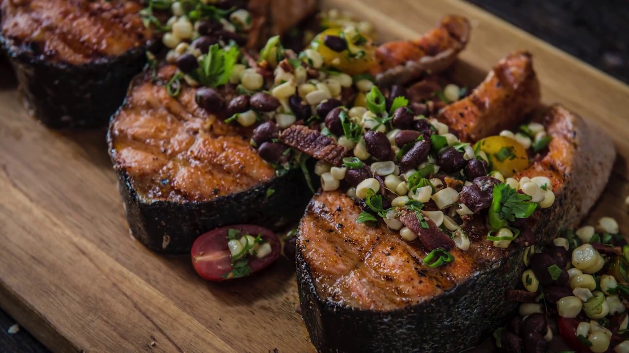 Grilled Salmon Steaks with BBQ Corn Salad Traeger Wood Pellet Grills