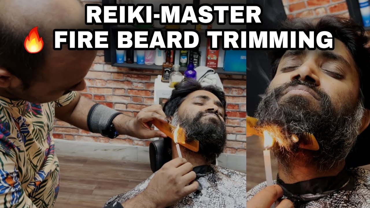 ASMR SCISSOR ✂️ BEARD TRIMMING WITH Fire 🔥 BEARD Shape UP by Indianbarber REIKI-MASTER