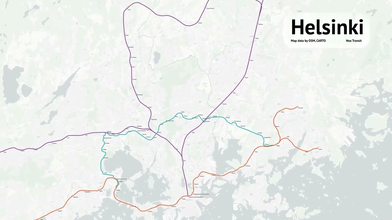 Helsinki Trunk routes and Metro expansion history (geographical map)