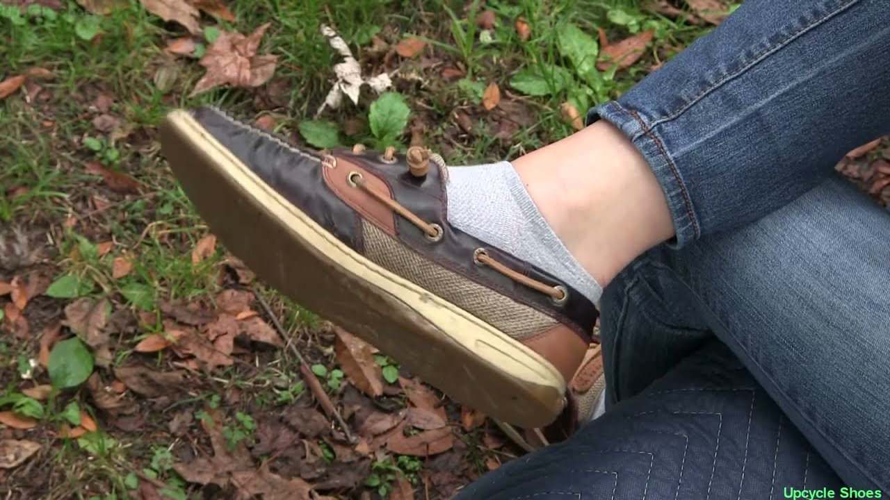 Upcycle Shoes: Sperry Topsider boat shoes, brown , outside top with ankle socks