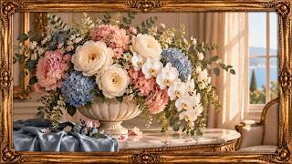 Elegant Luxury Floral Art | Romantic Pink, White & Blue Flowers in Gold Frame | 4K TV Art