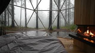 Peaceful Forest Rain | Modern Glass Cabin with Fireplace (4K Ambience) #asmr #relaxing #rain #ai