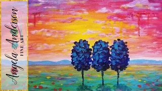 acrylic painting landscape simple paint trees sunset clouds tutorial beginner drip