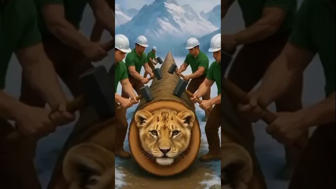 rescue lion cub from giant log. 