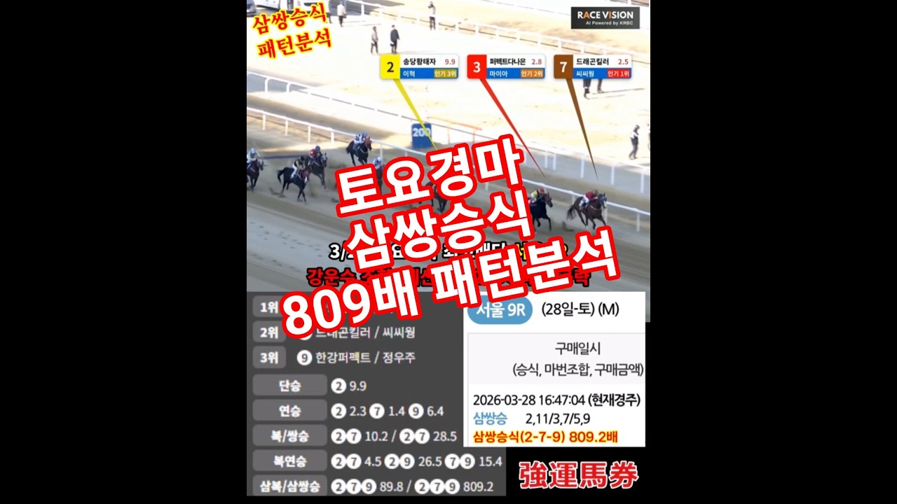 3/28 마사회 토요경마결과 삼쌍승식 최고배당 서울9R 패턴 분석! 경마이기는법 패턴경마