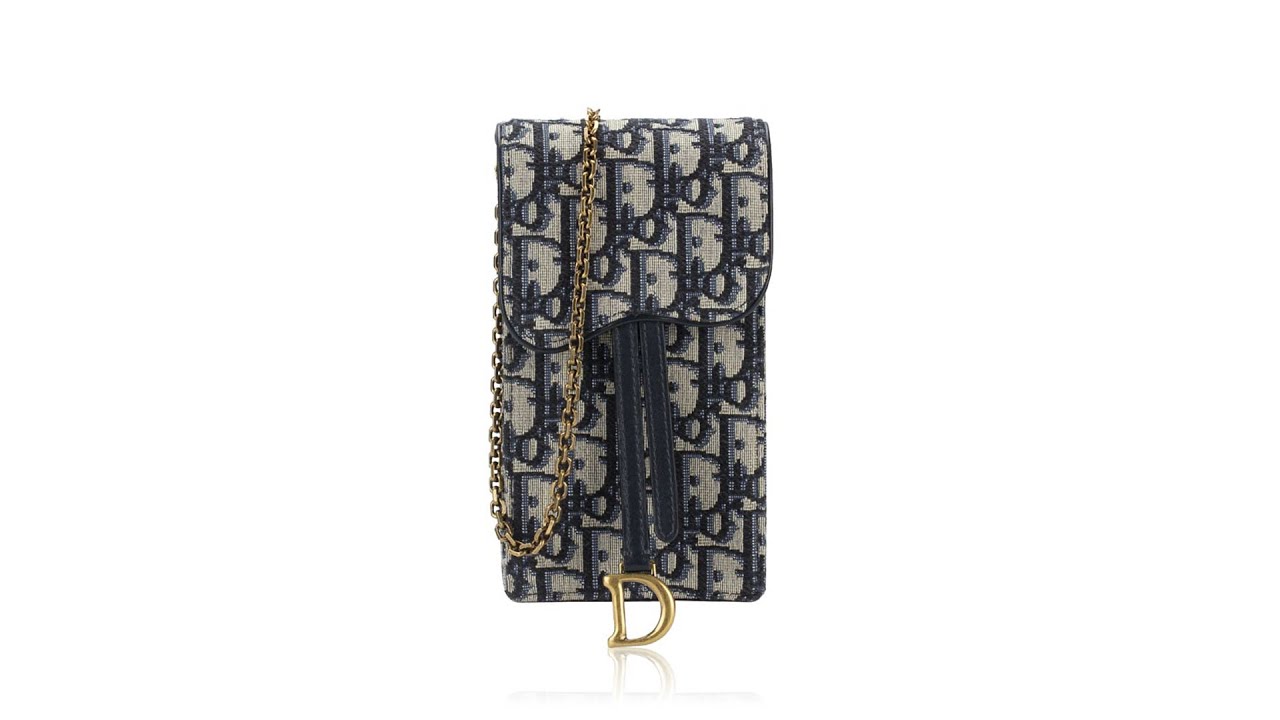 Christian Dior Oblique Vertical Saddle Pouch with Chain Blue