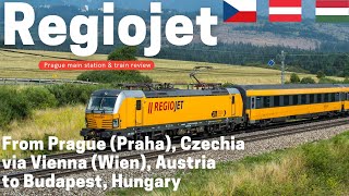 Regiojet train from Prague (Praha) via Vienna (Wien) to Budapest. Prague main station & train review