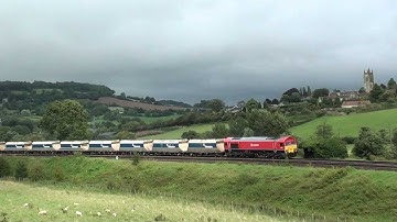 DB Schenker Class 59 at Bathampton with loaded Hanson Bogie Hoppers 29.08.12