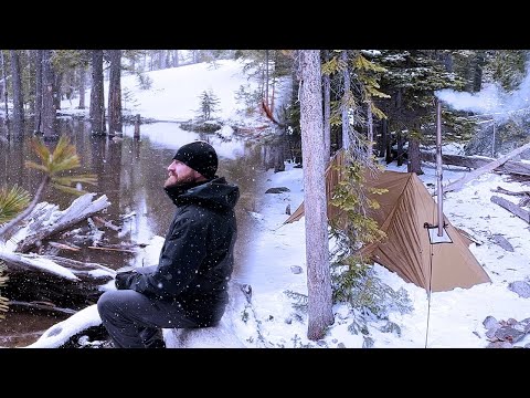 Hot Tent Lake Camping In Snow Flurry