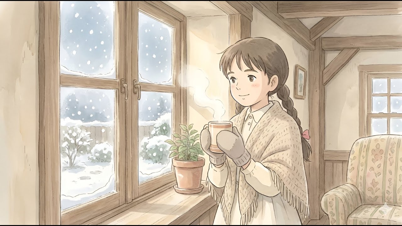 A Snow-Covered Village Morning, Footsteps and Warm Tea../Ghibli Stlye