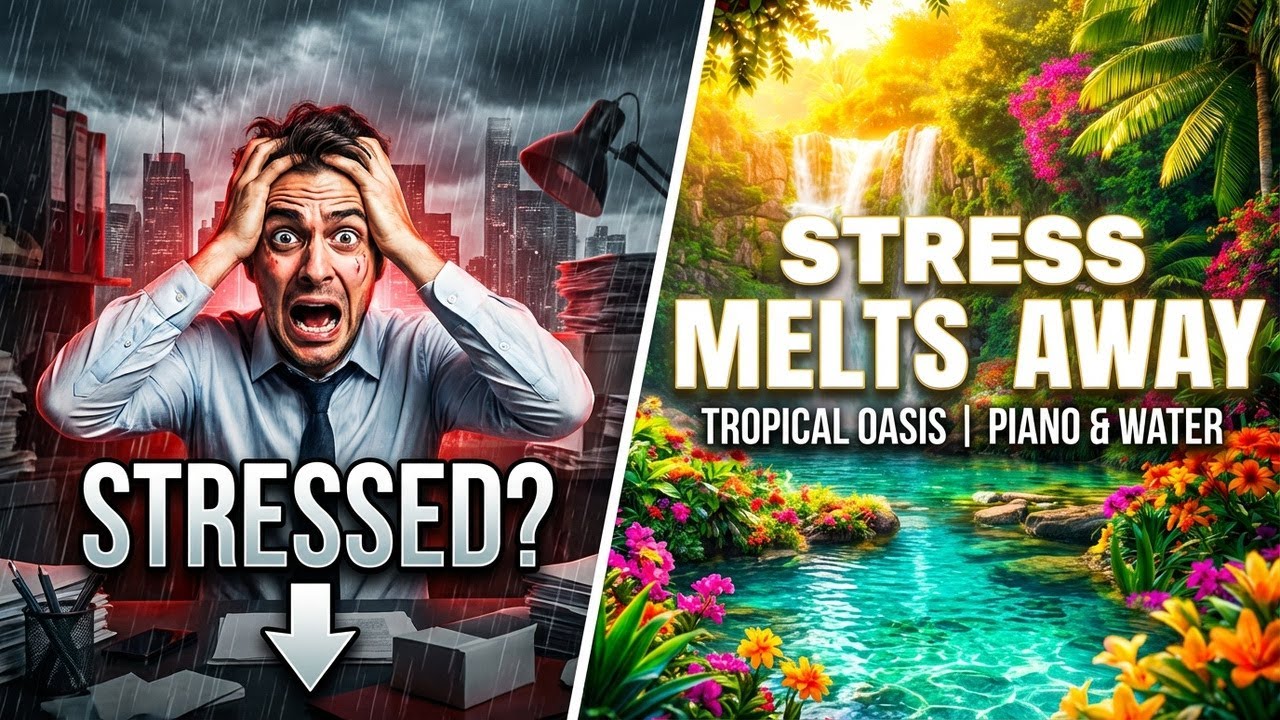 Stress Melts Away Here | Tropical Oasis with Soft Piano & Water (1 Hour)