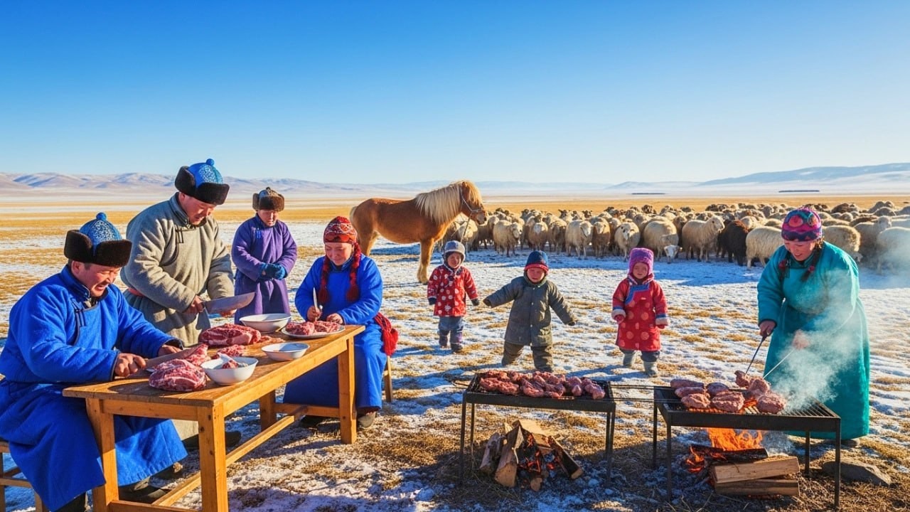 NOMAD LIFE A Snowy Day Herding Sheep and Cooking Meat Outdoors with a ...