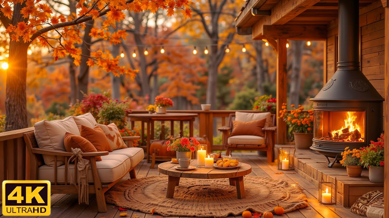 Cozy Fall Porch Ambience 🍁 Soothing Piano Music & Fireplace Sounds for ...