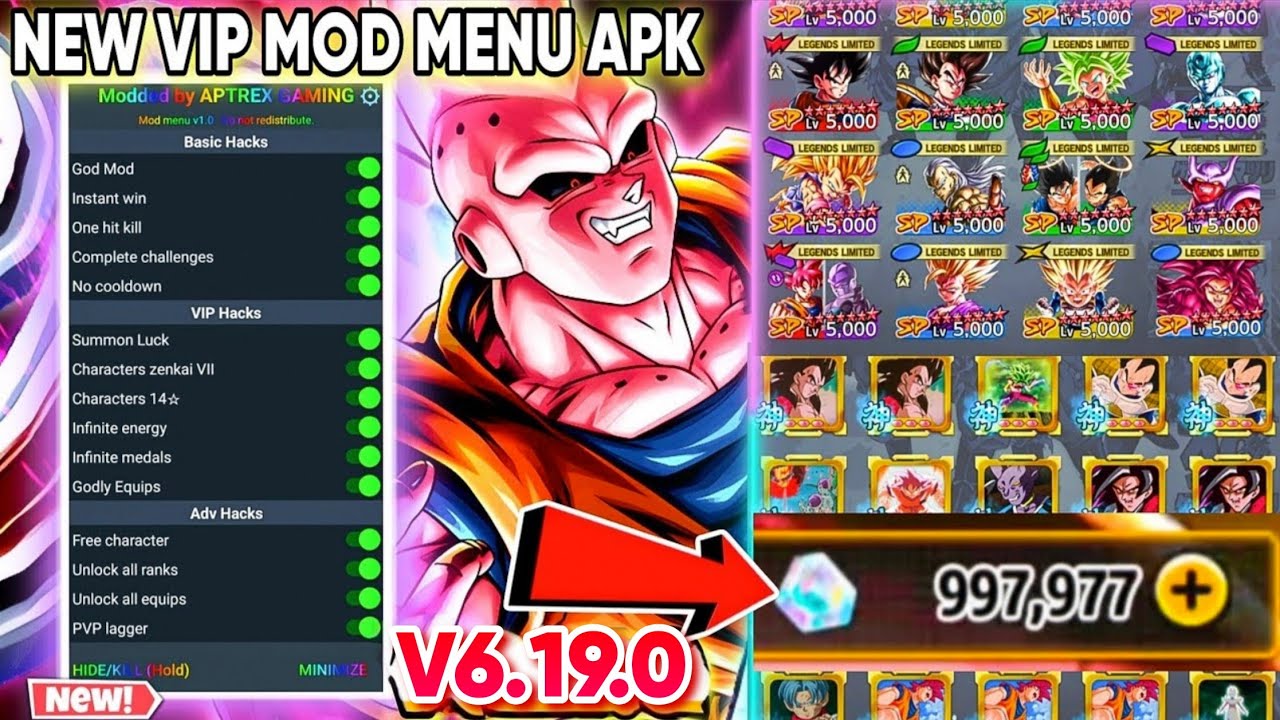 Меню VIP-модов Dragon Ball Legends V6.19.1 / Хронокристаллы 💎 / Взлом всех персонажей и снаряжени...